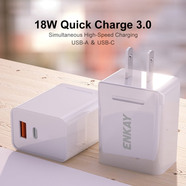 ENKAY Hat-Prince U033 18W 3A PD + QC3.0 Dual USB Fast Charging Power Adapter US Plug Portable Travel Charger With 1m 3A Type-C Cable - Mobile Accessories by ENKAY | Online Shopping UK | buy2fix