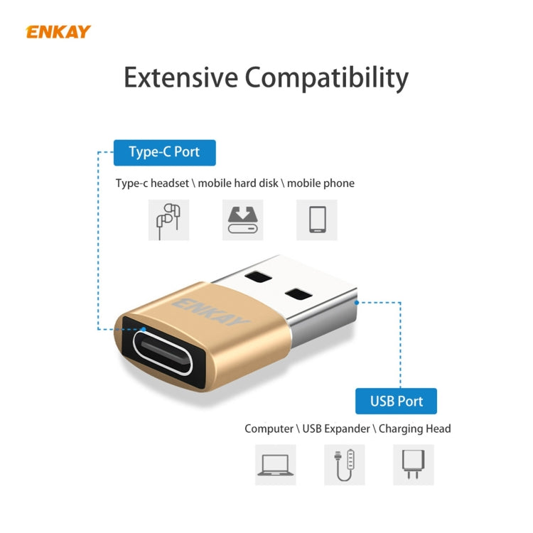 ENKAY ENK-AT105 USB Male to USB-C / Type-C Female Aluminium Alloy Adapter Converter, Support Quick Charging & Data Transmission(Gold) - Type-C Adapter by ENKAY | Online Shopping UK | buy2fix