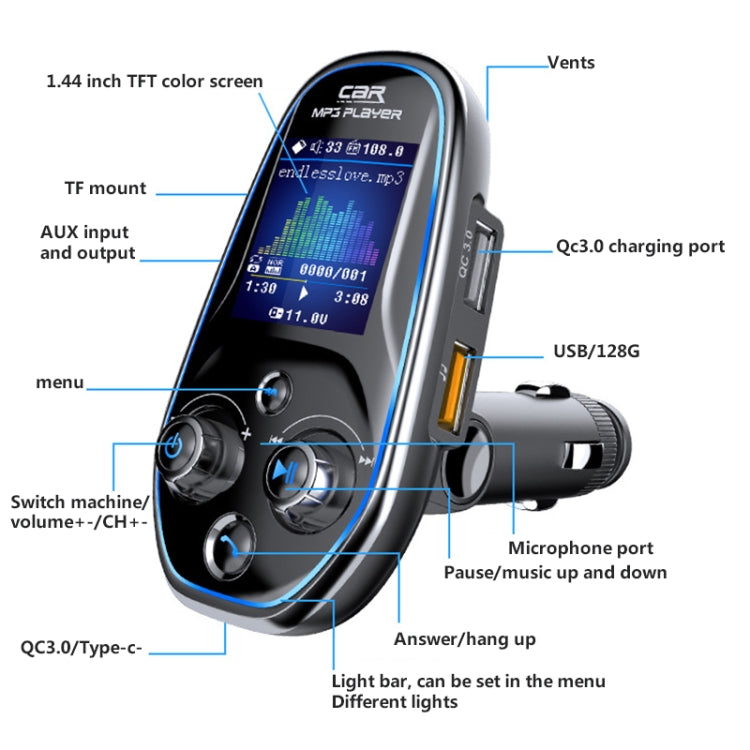 BT29 Color Screen Car Multi-functional Mp3 Player Multi-language Aux Out Card Bluetooth Adapter - In Car by buy2fix | Online Shopping UK | buy2fix