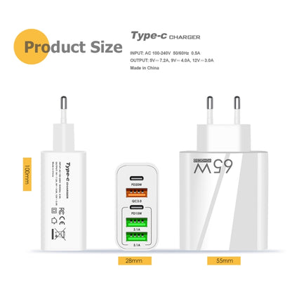 65W Dual PD Type-C + 3 x USB Multi Port Charger with 3A Type-C to Type-C Data Cable, US Plug(White) - Mobile Accessories by buy2fix | Online Shopping UK | buy2fix