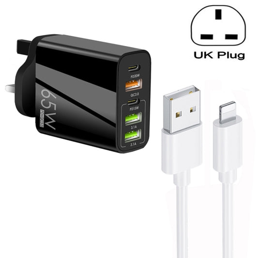 65W Dual PD Type-C + 3 x USB Multi Port Charger with 3A USB to 8 Pin Data Cable, UK Plug(Black) - USB Charger by buy2fix | Online Shopping UK | buy2fix