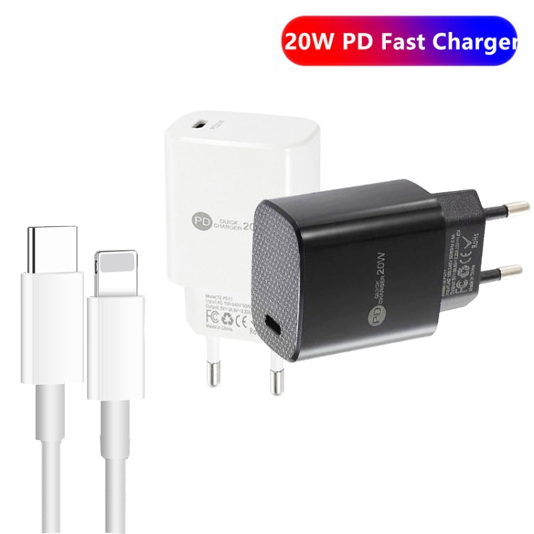 PD11 Single PD3.0 USB-C / Type-C 20W Fast Charger with 1m Type-C to 8 Pin Data Cable, EU Plug(Black) - USB Charger by buy2fix | Online Shopping UK | buy2fix