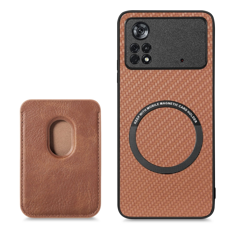 For Xiaomi Poco X4 Pro 5G Carbon Fiber Leather Card Magsafe Magnetic Phone Case(Brown) - Poco X4 Pro 5G Cases by buy2fix | Online Shopping UK | buy2fix