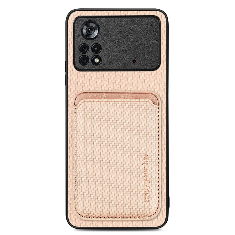 For Xiaomi Poco X4 Pro 5G Carbon Fiber Leather Card Magsafe Magnetic Phone Case(Khaki) - Poco X4 Pro 5G Cases by buy2fix | Online Shopping UK | buy2fix