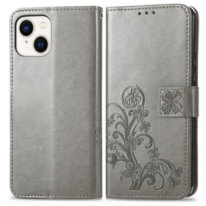 For iPhone 15 Four-leaf Clasp Embossed Buckle Leather Phone Case(Gray) - iPhone 15 Cases by buy2fix | Online Shopping UK | buy2fix