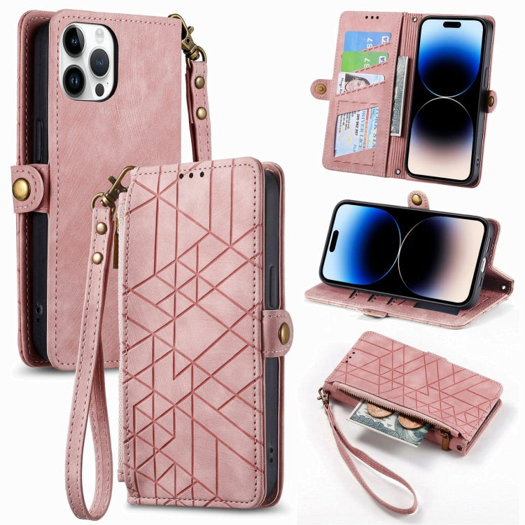 For iPhone 15 Pro Max Geometric Zipper Wallet Side Buckle Leather Phone Case(Pink) - iPhone 15 Pro Max Cases by buy2fix | Online Shopping UK | buy2fix