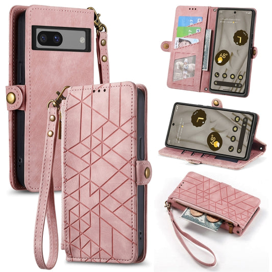 For Google Pixel 7 Geometric Zipper Wallet Side Buckle Leather Phone Case(Pink) - Google Cases by buy2fix | Online Shopping UK | buy2fix