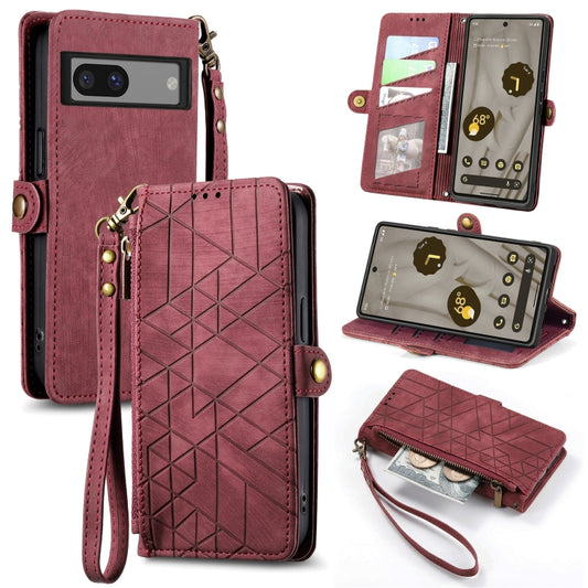 For Google Pixel 7A Geometric Zipper Wallet Side Buckle Leather Phone Case(Red) - Google Cases by buy2fix | Online Shopping UK | buy2fix