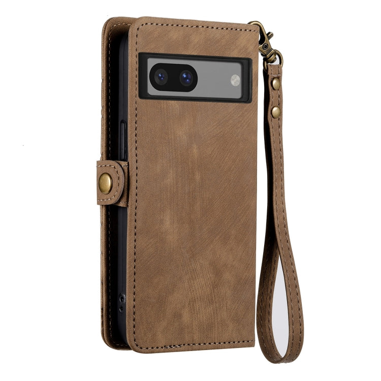 For Google Pixel 7A Geometric Zipper Wallet Side Buckle Leather Phone Case(Brown) - Google Cases by buy2fix | Online Shopping UK | buy2fix
