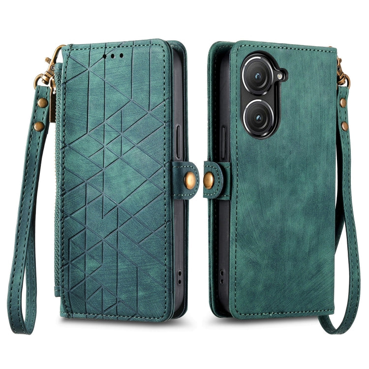 For ASUS Zenfone 10 Geometric Zipper Wallet Side Buckle Leather Phone Case(Green) - ASUS Cases by buy2fix | Online Shopping UK | buy2fix