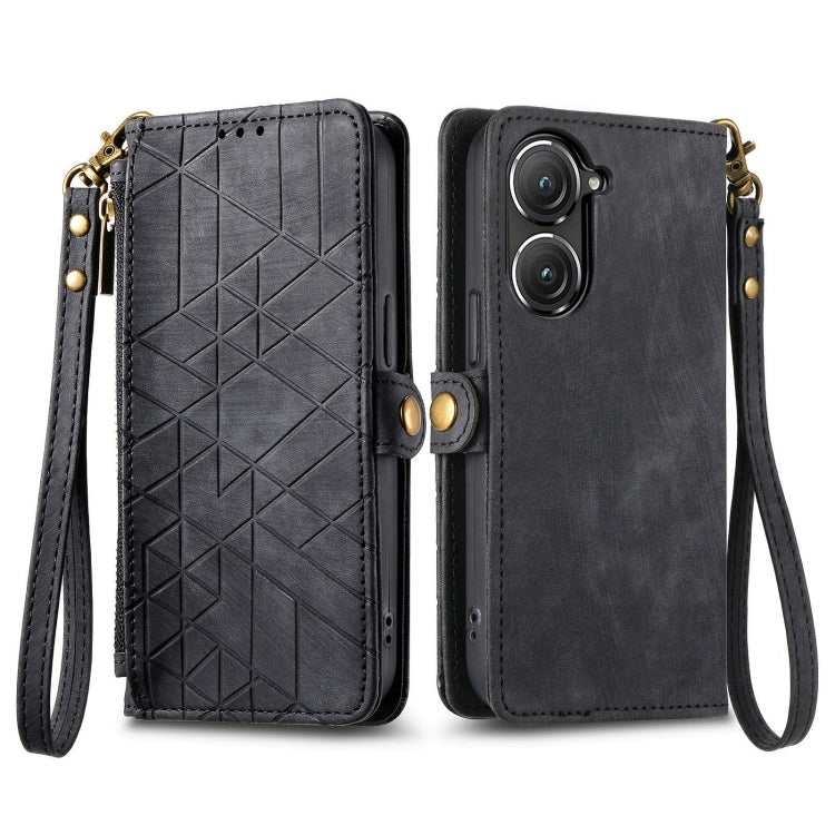 For ASUS Zenfone 10 Geometric Zipper Wallet Side Buckle Leather Phone Case(Black) - ASUS Cases by buy2fix | Online Shopping UK | buy2fix