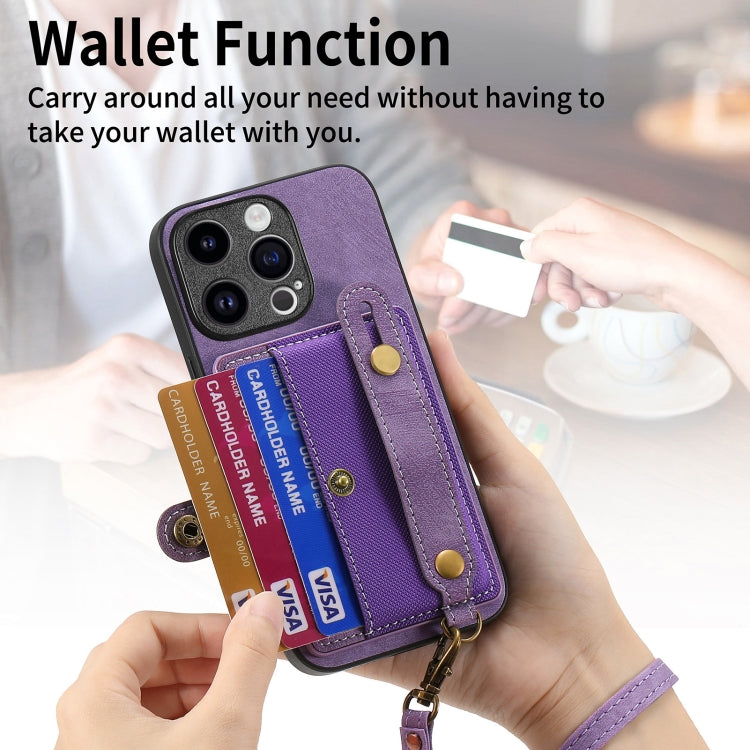 For iPhone 15 Pro Max Retro Cross Wristband Wallet Leather Back Phone Case(Purple) - iPhone 15 Pro Max Cases by buy2fix | Online Shopping UK | buy2fix