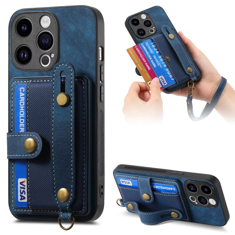 For iPhone 15 Pro Max Retro Cross Wristband Wallet Leather Back Phone Case(Blue) - iPhone 15 Pro Max Cases by buy2fix | Online Shopping UK | buy2fix