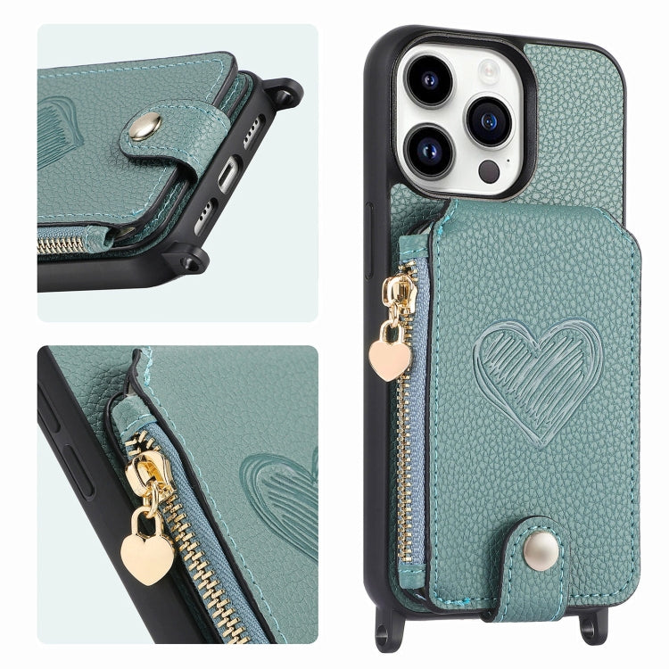 For iPhone 15 Pro Max Crossbody Love Zipper Leather Back Phone Case(Green) - iPhone 15 Pro Max Cases by buy2fix | Online Shopping UK | buy2fix