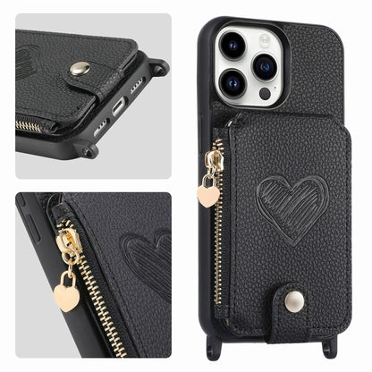 For iPhone 15 Pro Max Crossbody Love Zipper Leather Back Phone Case(Black) - iPhone 15 Pro Max Cases by buy2fix | Online Shopping UK | buy2fix