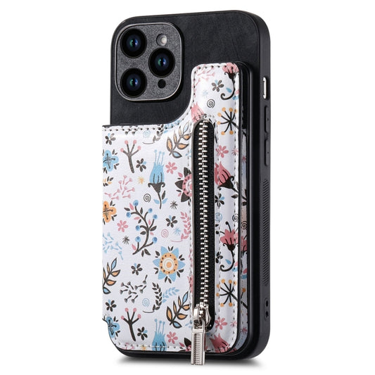 For iPhone 15 Pro Max Retro Painted Zipper Wallet Back Phone Case(Black) - iPhone 15 Pro Max Cases by buy2fix | Online Shopping UK | buy2fix