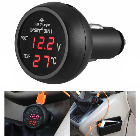 3 In 1 Car USB Charger Car Cigarette Lighter With Voltage Detection Display Multi-function Monitoring Table(Red) - In Car by buy2fix | Online Shopping UK | buy2fix