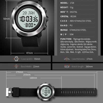 SKMEI 1728 Muslim Worships Watch Multifunctional Reminder Prayer Direction Compatriots Watch, Style:Steel Circle Edition(Black Black Machine) - LED Digital Watches by SKMEI | Online Shopping UK | buy2fix