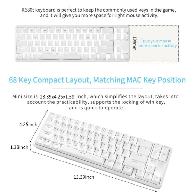 Ajazz K680T Mini USB Wired Dual-mode Charging 68-keys Laptop Bluetooth Mechanical Keyboard, Cable Length: 1.6m, Style:Tea Shaft(White) - Wired Keyboard by Ajazz | Online Shopping UK | buy2fix