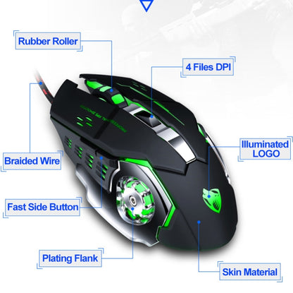 T-WOLF V6 USB Interface 6-Buttons 3200 DPI Wired Mouse Gaming Mechanical Macro Programming 7-Color Luminous Gaming Mouse, Cable Length: 1.5m( Macro Definition Audio Version Black Silver) - Wired Mice by T-WOLF | Online Shopping UK | buy2fix