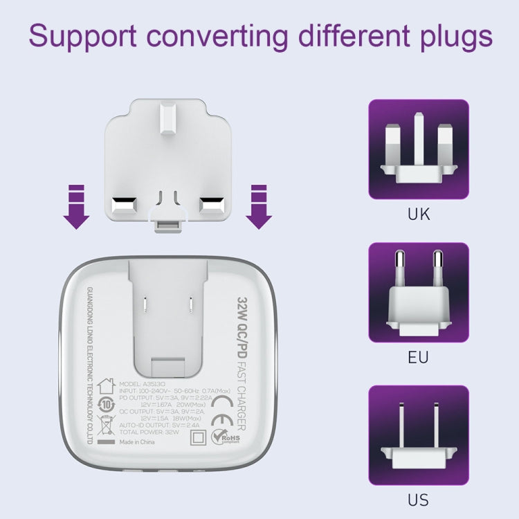 LDNIO A3513Q 32W QC3.0 3 USB Ports Phone Adapter UK Plug with Type-C Cable - Mobile Accessories by LDNIO | Online Shopping UK | buy2fix