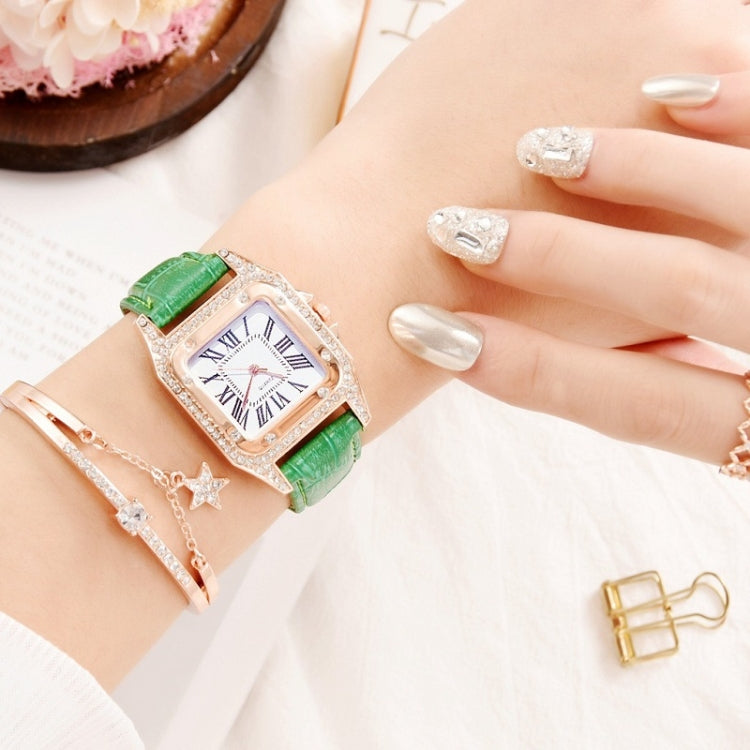 Women Tonneau Square Strap Quartz Watch, Color: Green+Bracelet - Leather Strap Watches by buy2fix | Online Shopping UK | buy2fix