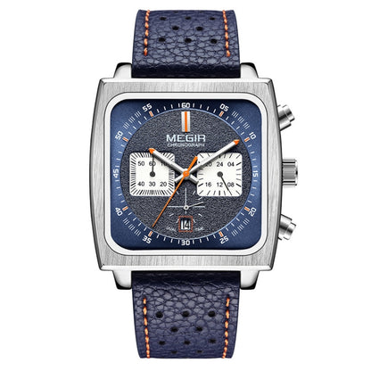 MEGIR 2182 Men Business Chronograph Calendar Waterproof Luminous Watch Square Quartz Watch(Blue Face Blue Belt) - Leather Strap Watches by MEGIR | Online Shopping UK | buy2fix