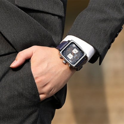 MEGIR 2182 Men Business Chronograph Calendar Waterproof Luminous Watch Square Quartz Watch(Black Face Black Belt) - Leather Strap Watches by MEGIR | Online Shopping UK | buy2fix