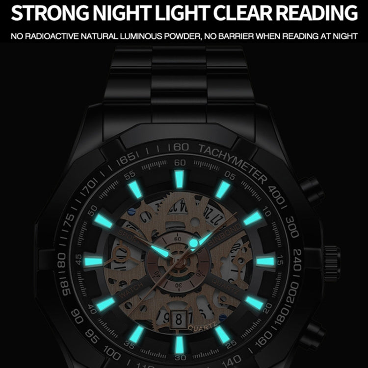 BINBOND S033 Hollowed Mechanical 30m Waterproof Luminous Quartz Watch, Color: Black Steel-Black-Gold - Metal Strap Watches by BINBOND | Online Shopping UK | buy2fix