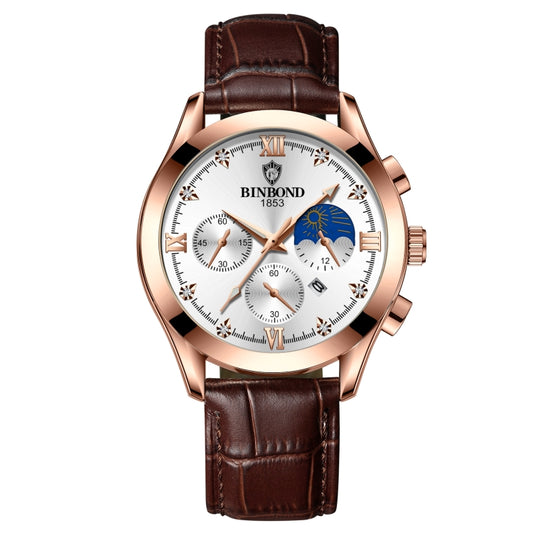 BINBOND B3591 30m Waterproof Luminous Calendar Men Watch, Color: Brown Leather-Rose-White - Leather Strap Watches by BINBOND | Online Shopping UK | buy2fix