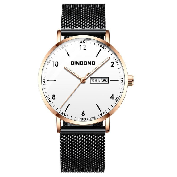 BINBOND B3820 30M Waterproof Ultra-thin Quartz Luminous Starry Watch, Color: Black Net-Rose Gold-White - Metal Strap Watches by BINBOND | Online Shopping UK | buy2fix