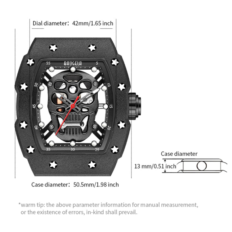 BAOGELA 224141 Hollow Skull Luminous Sports 304 Stainless Steel Silicone Men Watch(Steel Shell White Face Black Belt) - Silicone Strap Watches by BAOGELA | Online Shopping UK | buy2fix