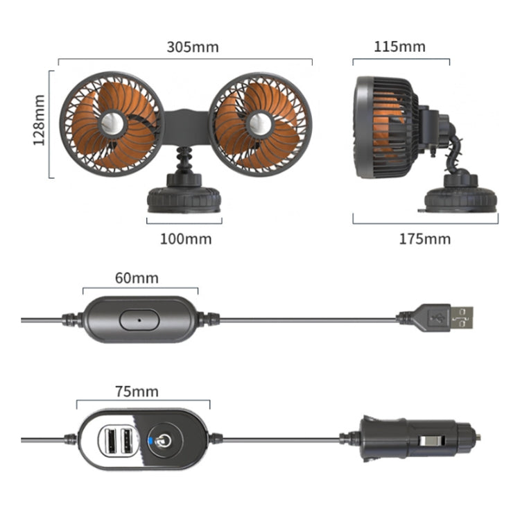 F6026 Large Suction Cup Vehicle-Mounted Double-Head Fan, Model: Cigarette Lighter with USB - Heating & Fans by buy2fix | Online Shopping UK | buy2fix