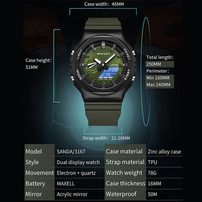 SANDA Octagonal Oak Hand Lamp Waterproof Sports Alarm Clock Men Watch(Military Green) - Silicone Strap Watches by SANDA | Online Shopping UK | buy2fix