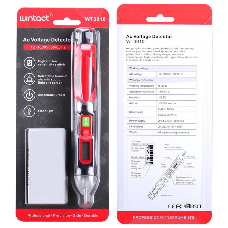 WINTACT WT3010  LED AC Voltage Tester Non-Contact Detector Pen 12-1000V AC Voltage Detector - Current & Voltage Tester by Wintact | Online Shopping UK | buy2fix