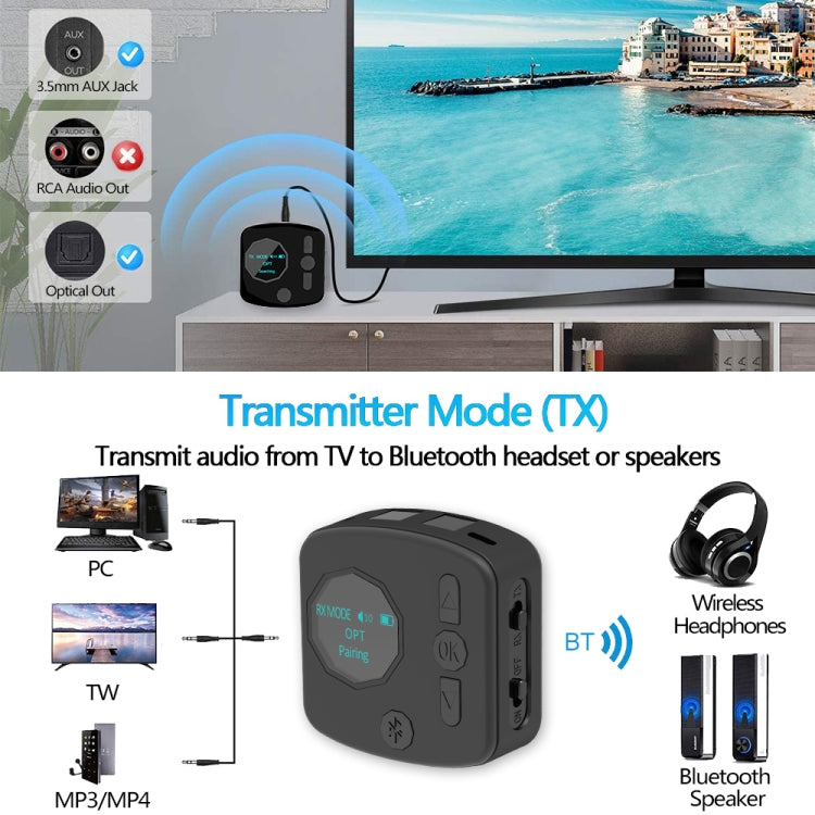 B38 2 in 1 Bluetooth 5.0 Audio Adapter Transmitter Receiver with OLED Display, Support Optical Fiber & AUX - Apple Accessories by buy2fix | Online Shopping UK | buy2fix